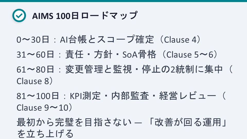 図7．AIMS100日ロードマップ